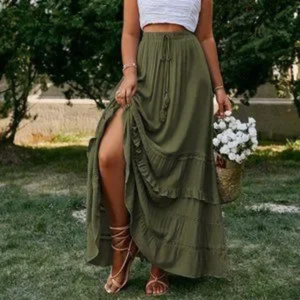 Green Boho Womens Tie Waist Ruffle Hem Skirt